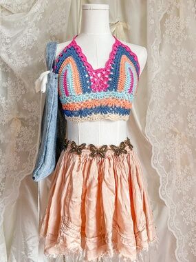 Crochet Halter Top Multicolor Knit Festival Y2K Boho Bralette